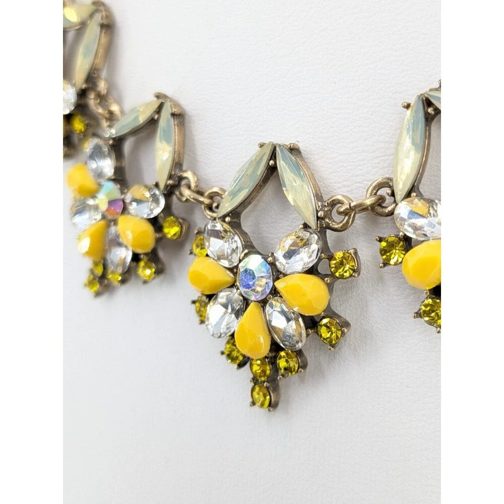 LOFT Statement Necklace Yellow Green Rhinestone Floral Gold Tone Resin 19 Inch